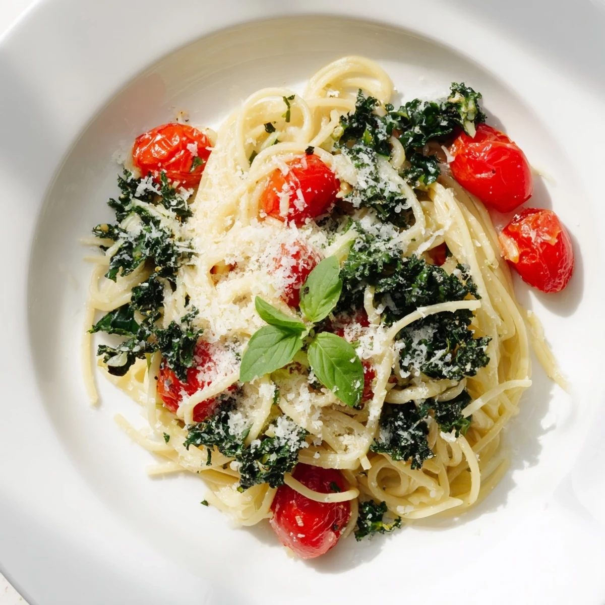 Flavorful one-pot spaghetti dinner with kale, visible herbs, and parmesan, offering a comforting Italian taste.