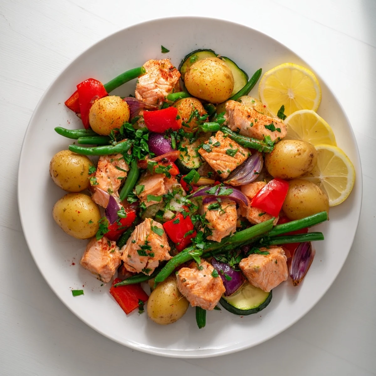 Golden, flaky salmon and potato skillet with vibrant vegetables, a complete and easy meal.