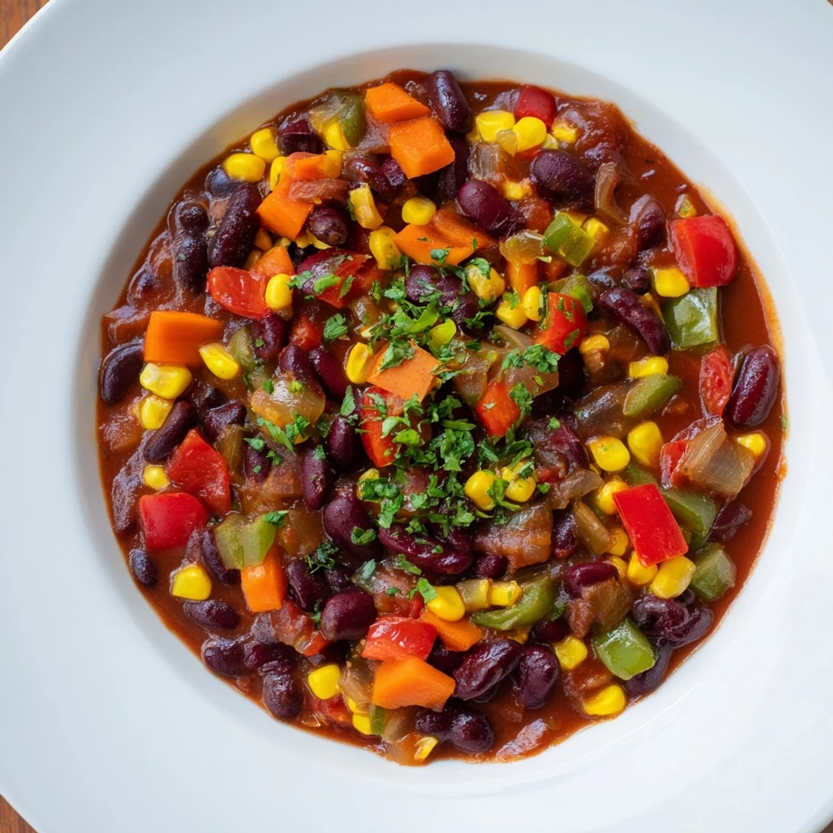 Hearty, homemade veggie chili with a rich tomato base, served with fresh cilantro and lime wedges.