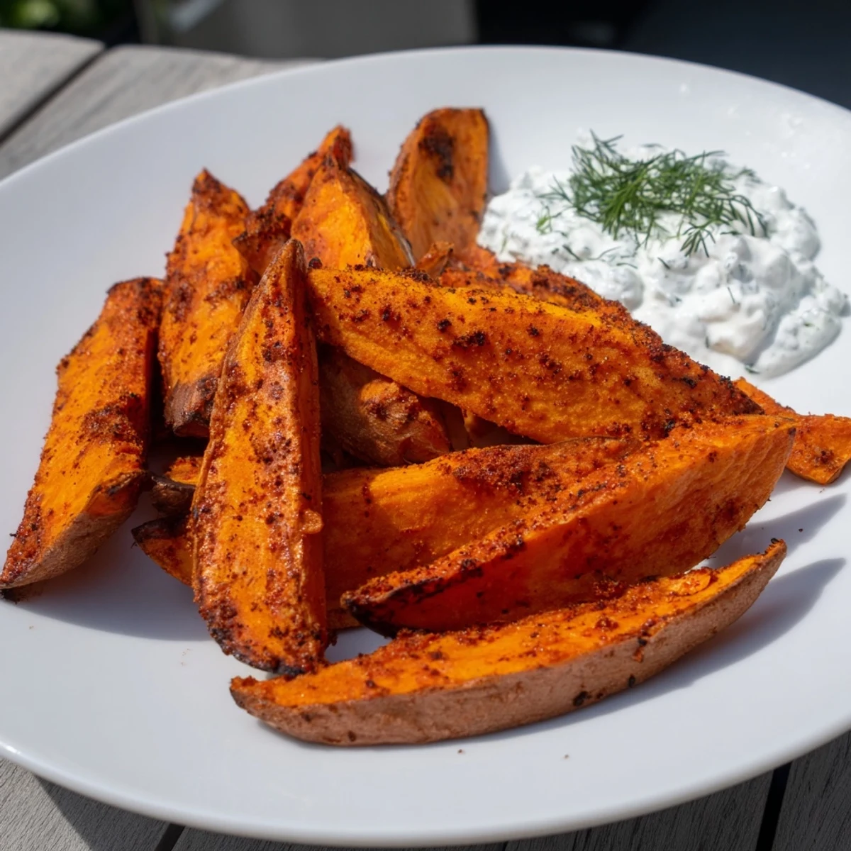 Golden-brown roasted sweet potato wedges ready to dip into a fresh, herbed yogurt sauce.