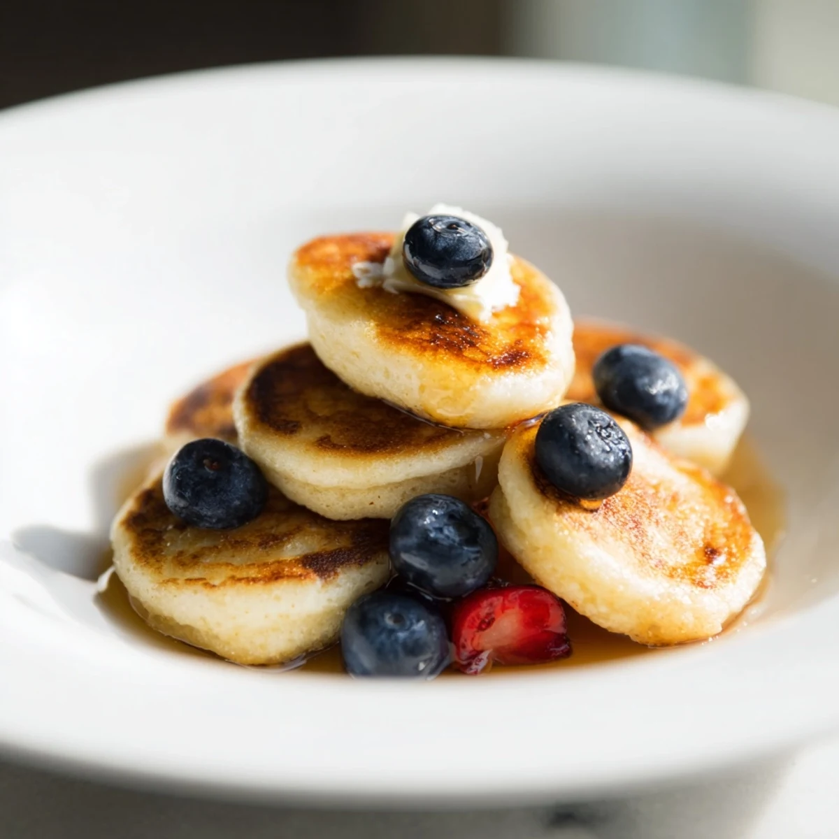Mini pancake cereal with fresh berries: a visually appealing and delicious morning treat.