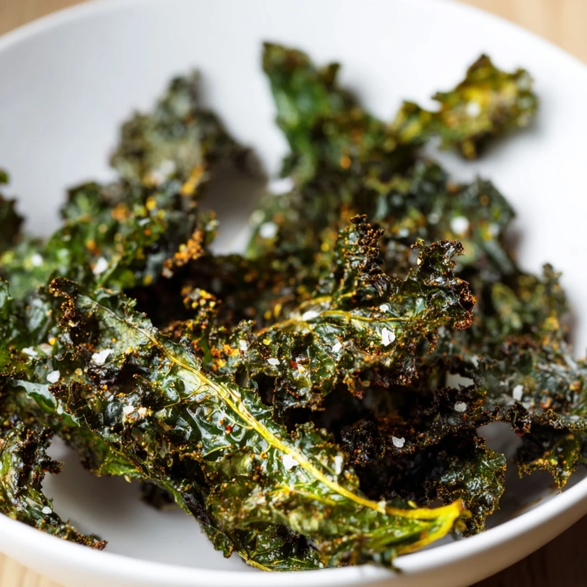 Golden, crispy Baked Kale Chips arranged perfectly on parchment paper, ready to eat.