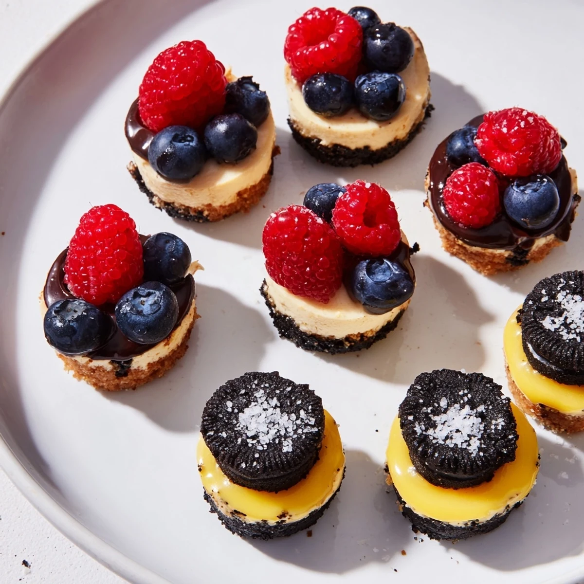 A trio of Mini Dessert Bites: cream cheese cheesecakes, chocolate tarts, and lemon curd tarts ready to serve.