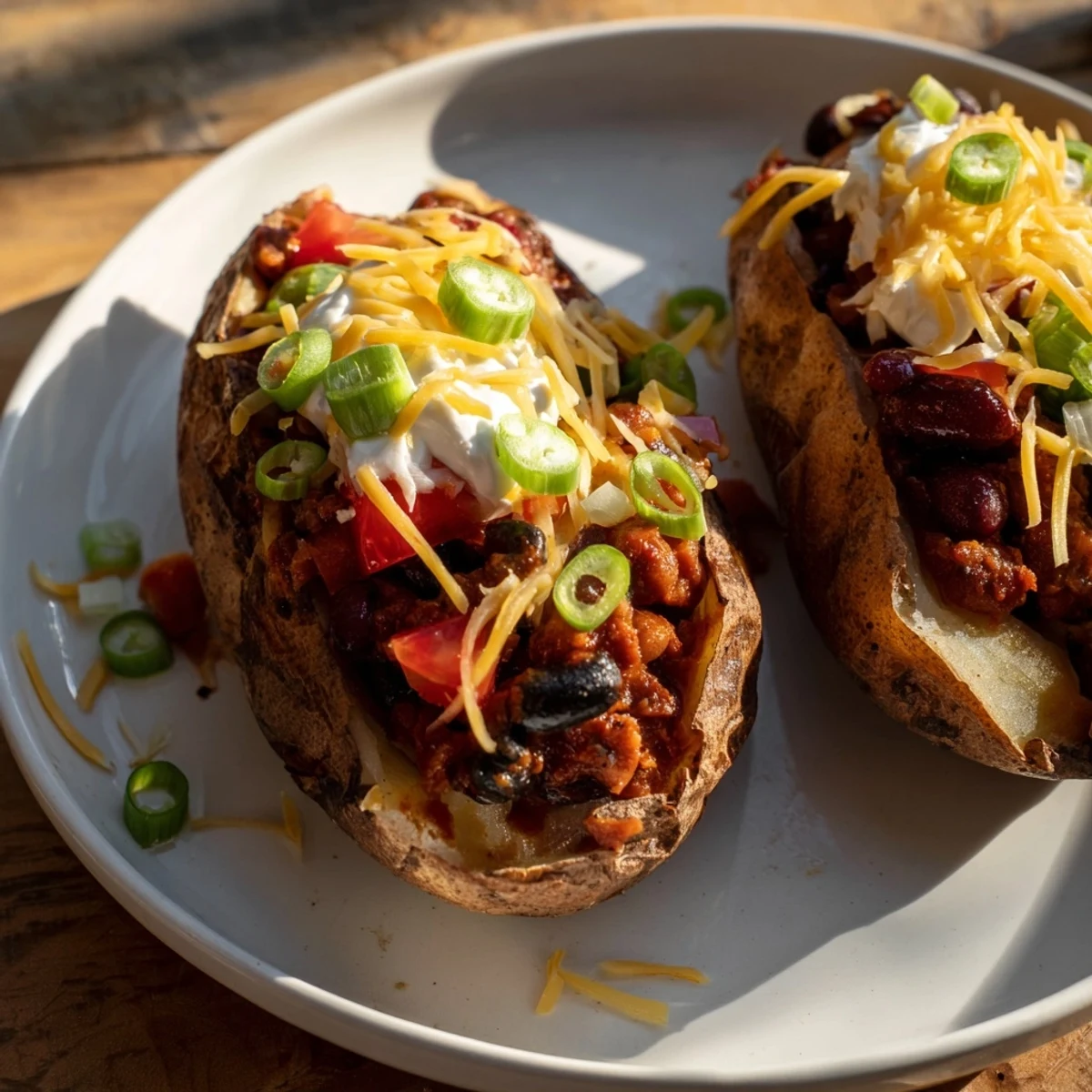 A close-up of a loaded baked potato with chili, cheddar cheese and a dollop of sour cream, flavorful.