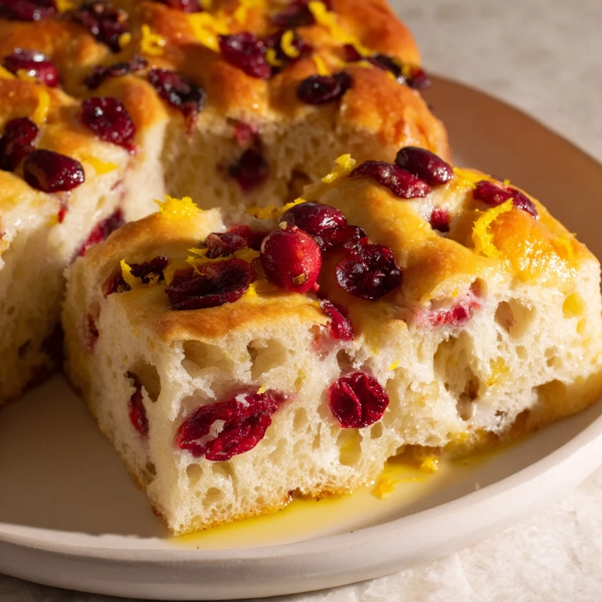 Golden-brown Cranberry Orange No-Knead Focaccia topped with bright cranberries and zesty orange slices.