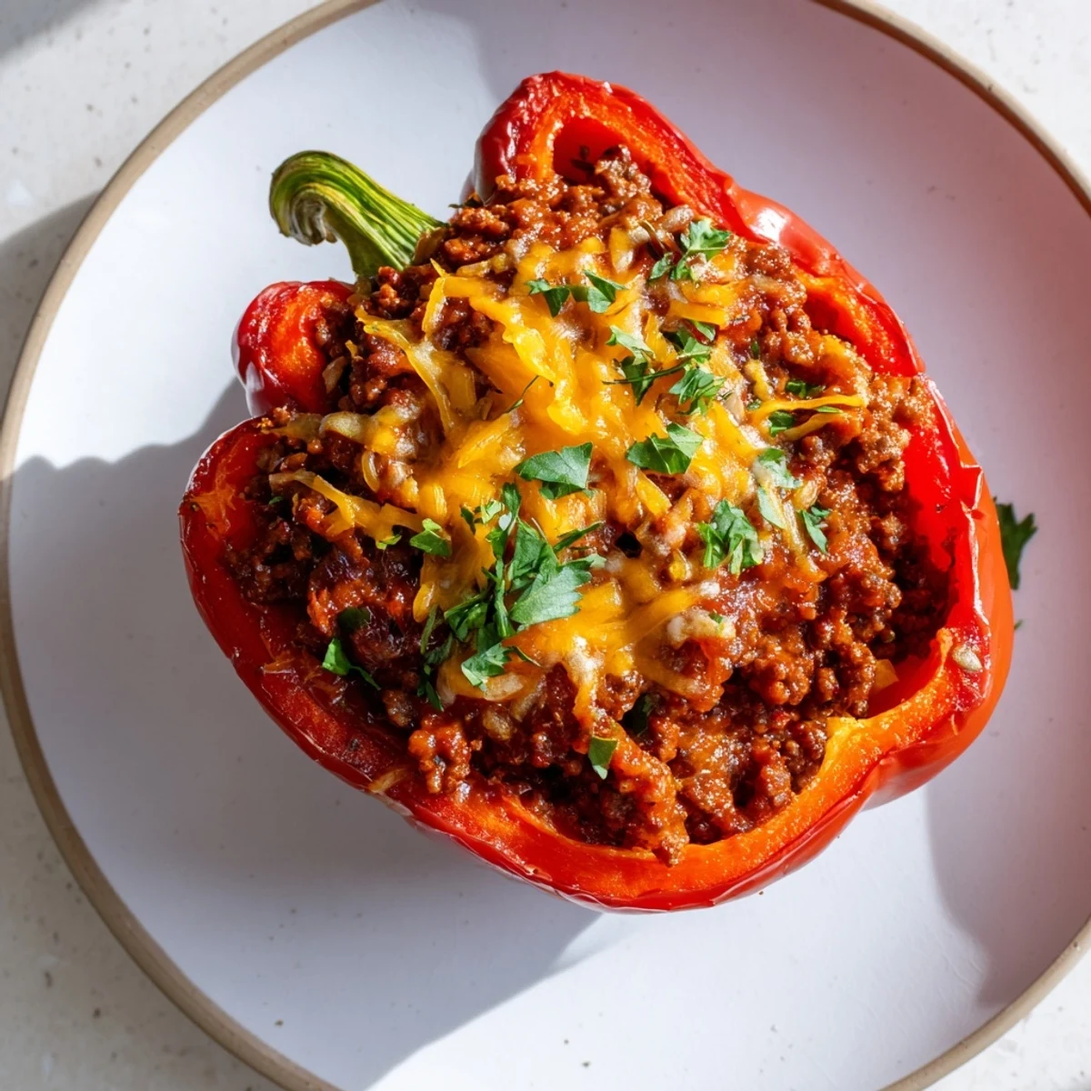 A close-up of baked Sloppy Joe Stuffed Peppers, bubbling with melted cheese for a delicious dinner.