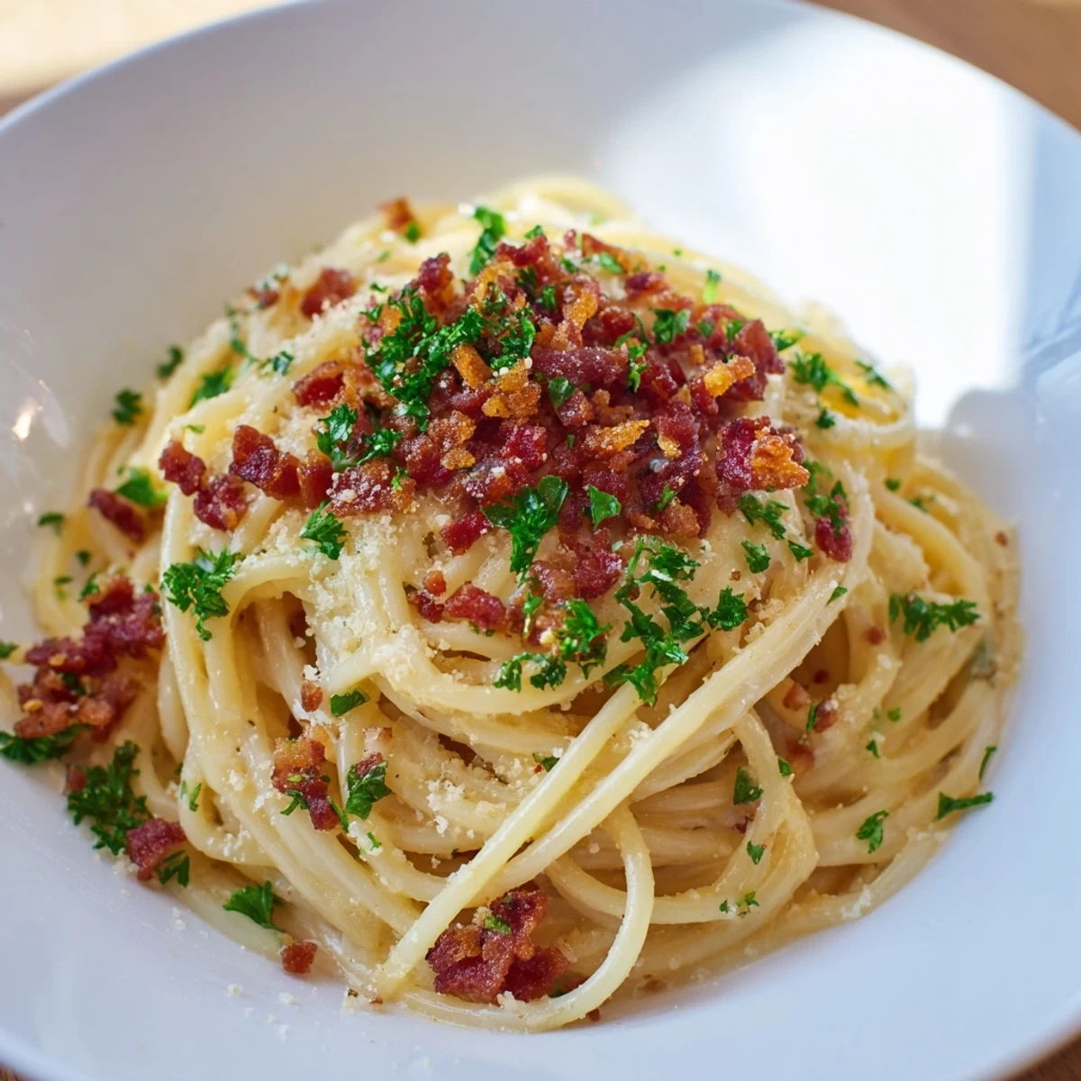 Steaming Garlic Butter Pasta with Crispy Bacon Crumble, a delicious Italian-American main course.