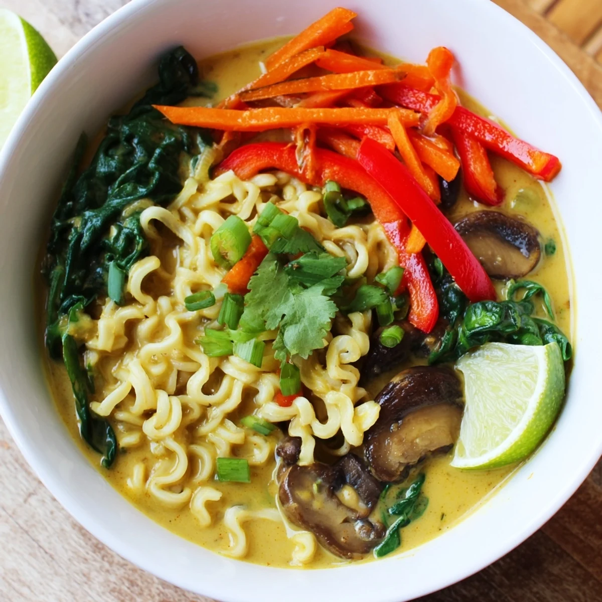 Steaming bowl of Curry Coconut Ramen, ready to eat, garnished with cilantro and lime wedges.
