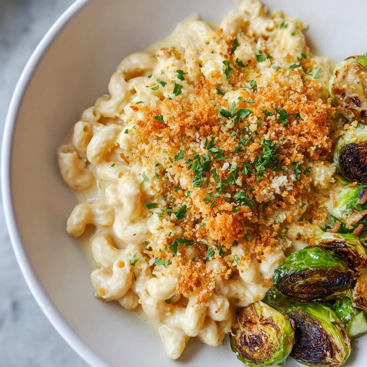 Golden-brown sheet pan mac and cheese with Brussels sprouts, bubbling hot and ready to enjoy.