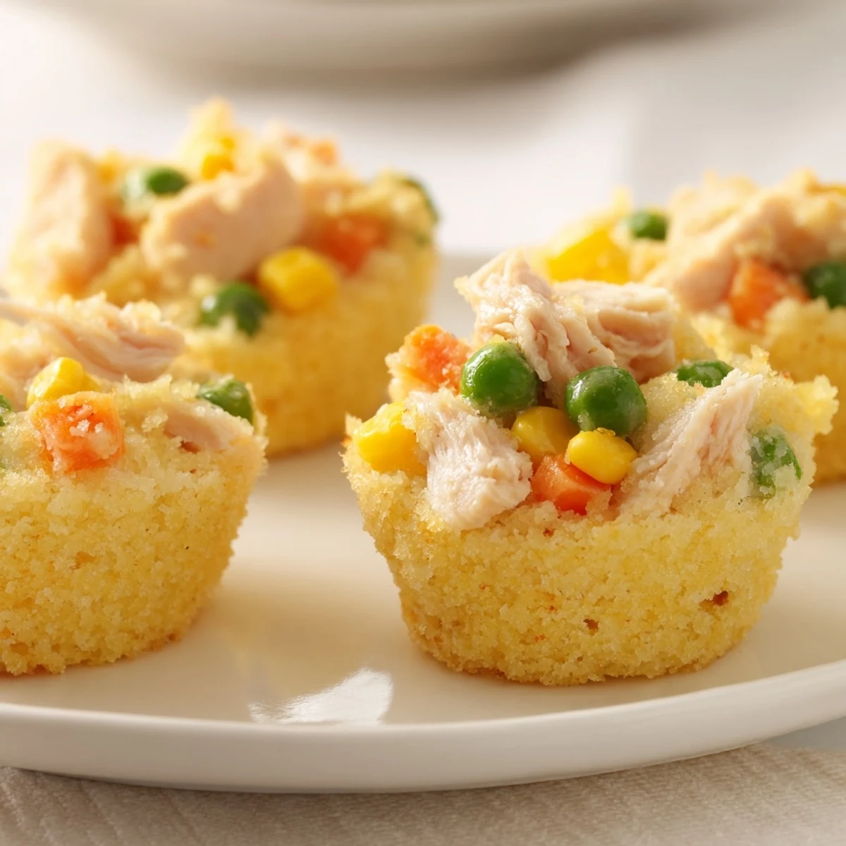 Golden-topped Mini Chicken Pot Pie Cornbread Muffins, ready to eat, offer a delightful mix of flavors.