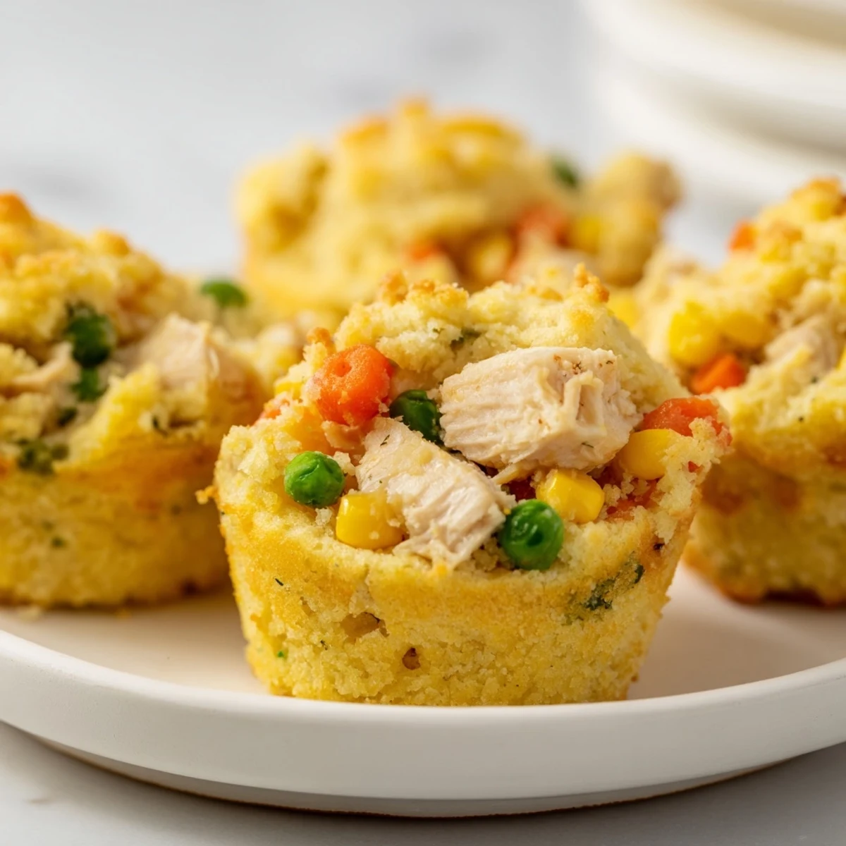 Close-up of baked Mini Chicken Pot Pie Cornbread Muffins showcasing the hearty chicken filling within.