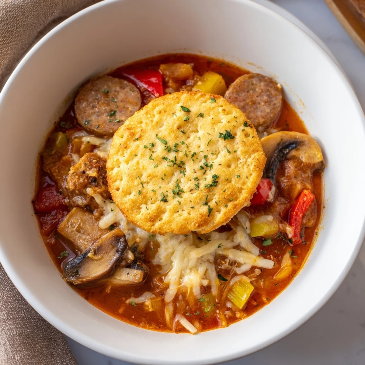 Pizza Pot Pie Soup: A steamy bowl of savory soup topped with golden, bubbly bread.