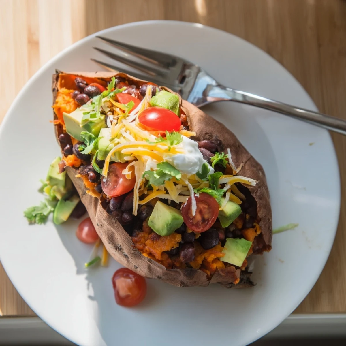 Steaming loaded baked sweet potatoes with melty cheddar, black beans, and fresh toppings, ready to enjoy.