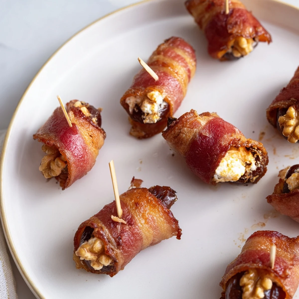 Crispy bacon wrapped around sweet dates stuffed with cream cheese and walnuts—a delightful appetizer.