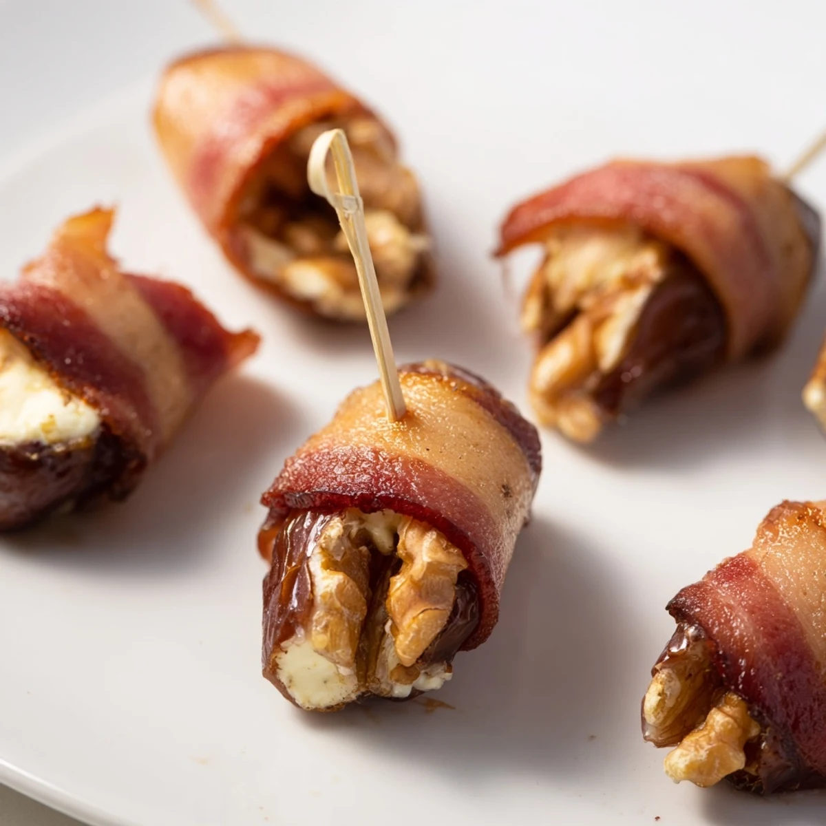 Golden-brown bacon-wrapped dates: creamy cream cheese and walnut filling make a tasty party snack.