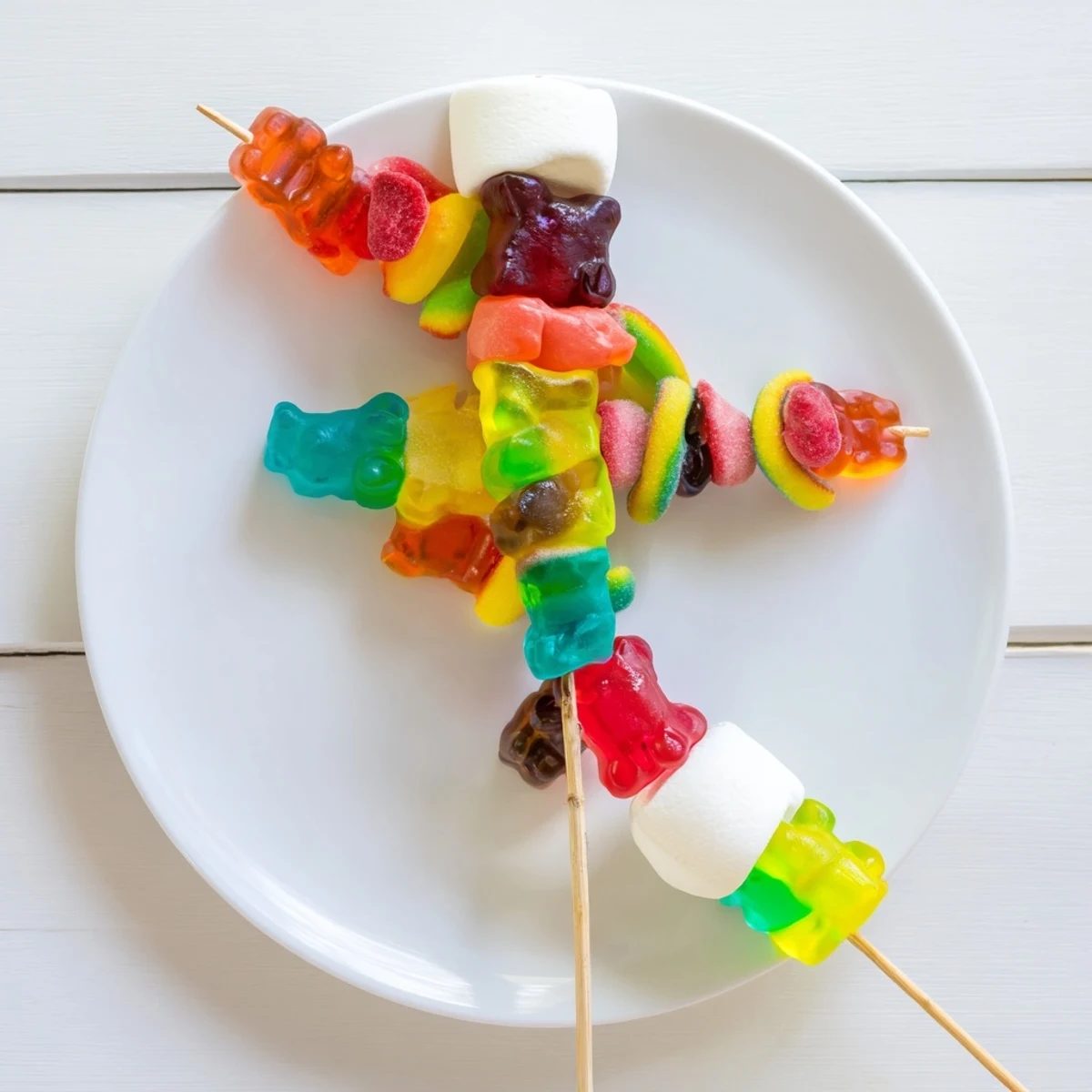 Delicious Gummy Candy Kabobs, featuring gummy worms and bears skewered for a sweet party snack.