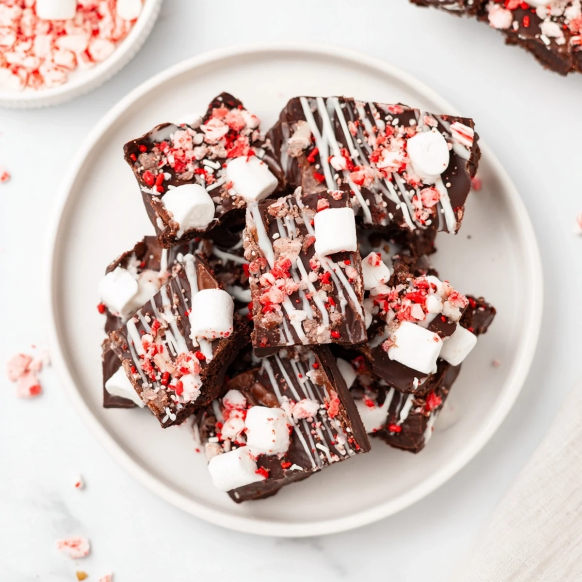 Festive Hot Chocolate Bomb Bark, a decadent dessert layered with chocolate, marshmallows, and cocoa powder.
