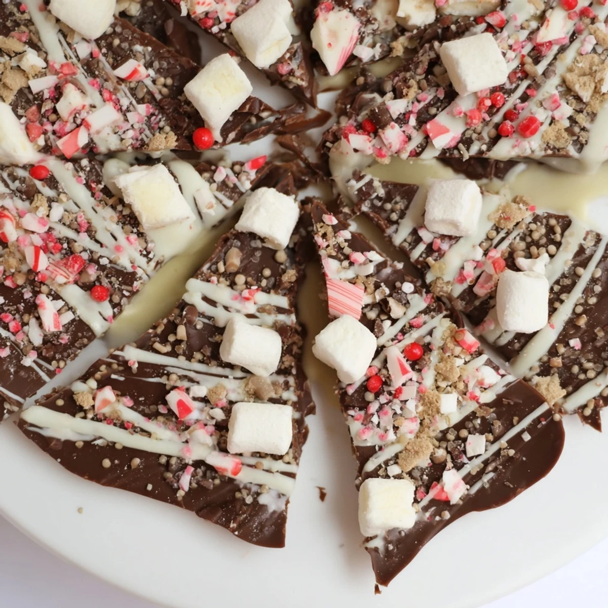 Deliciously rich hot chocolate bomb bark studded with creamy marshmallows and crunchy crushed peppermint candies.