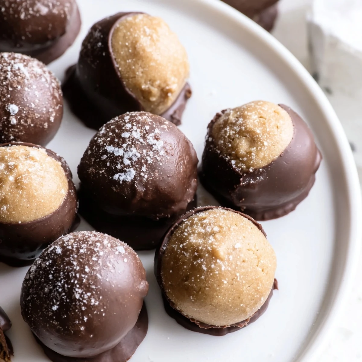 Close-up shot shows decadent peanut butter buckeyes, partially dipped in glossy, dark chocolate coating.