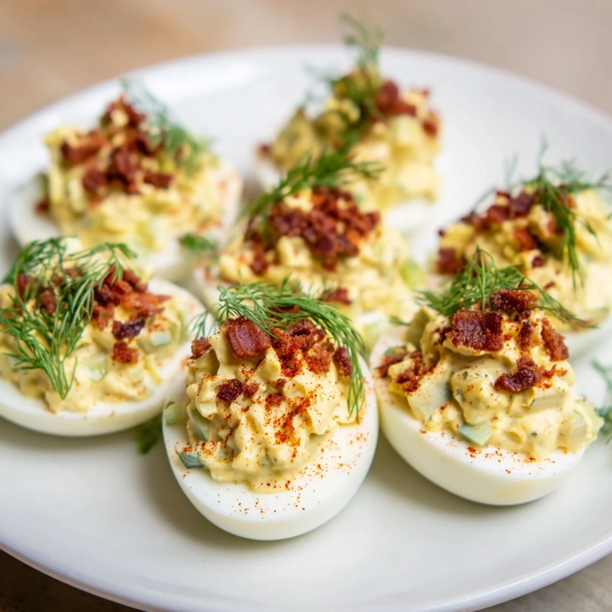 Close-up of fully loaded deviled eggs with vibrant paprika dusting and crispy bacon bits.