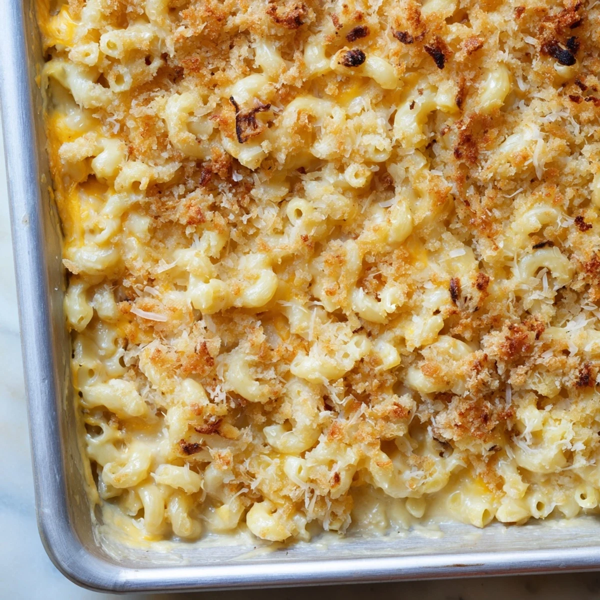 Delicious sheet pan mac and cheese with perfectly roasted Brussels sprouts, ready for a hearty meal.