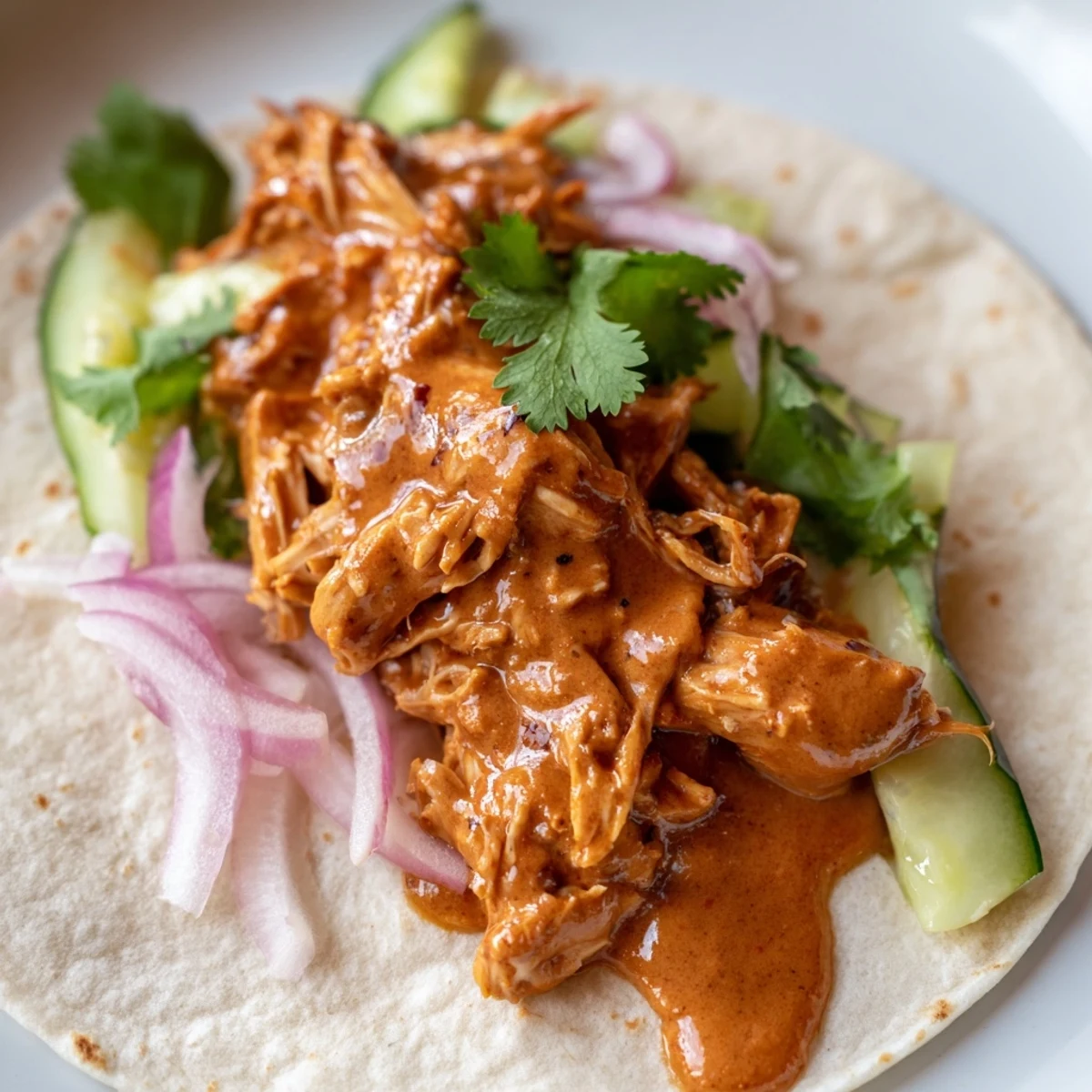 Sticky Chicken Tikka Masala Tacos are served with fresh cilantro and a lime wedge.