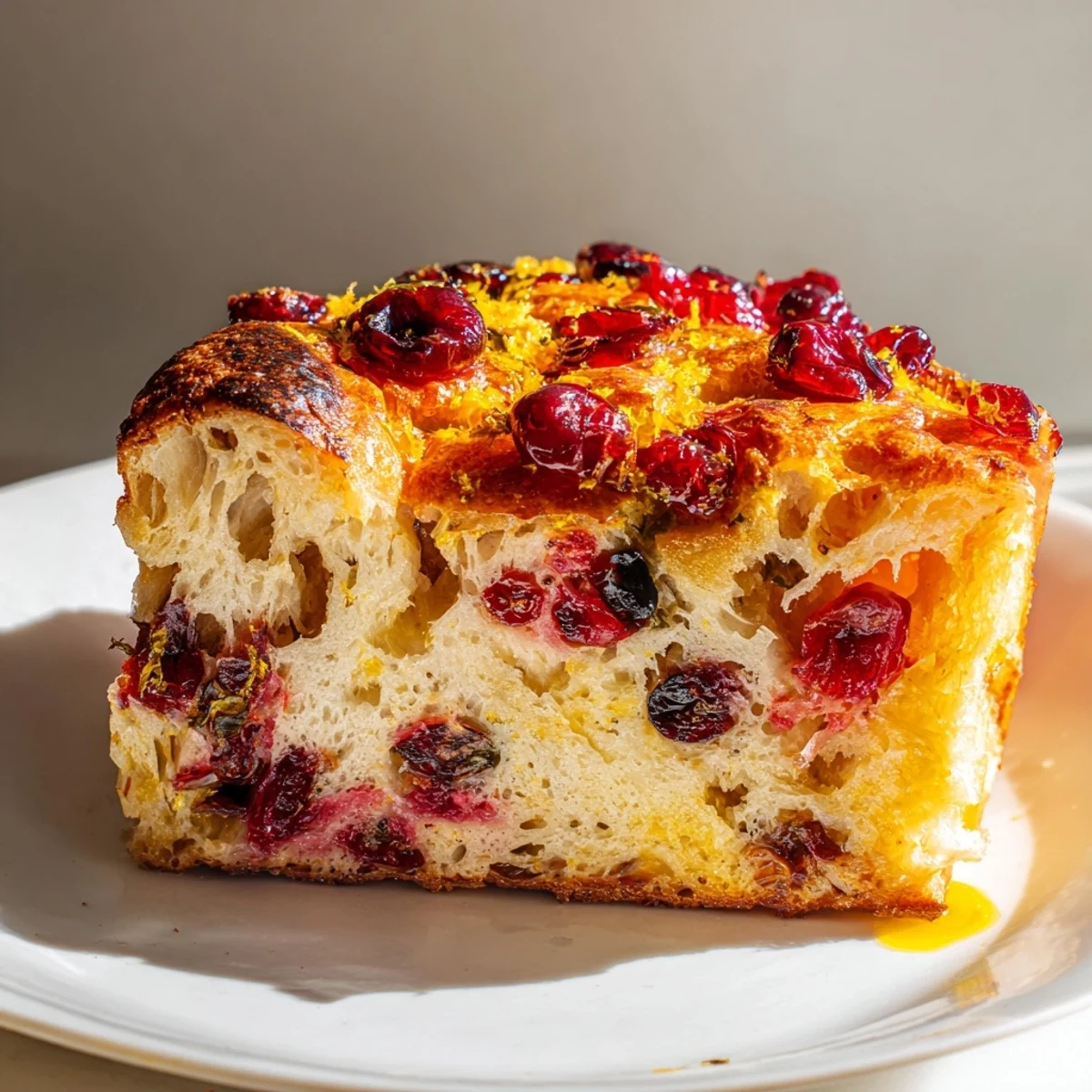 A close-up of a beautifully baked Cranberry Orange No-Knead Focaccia, perfect for brunch, with juicy cranberries.