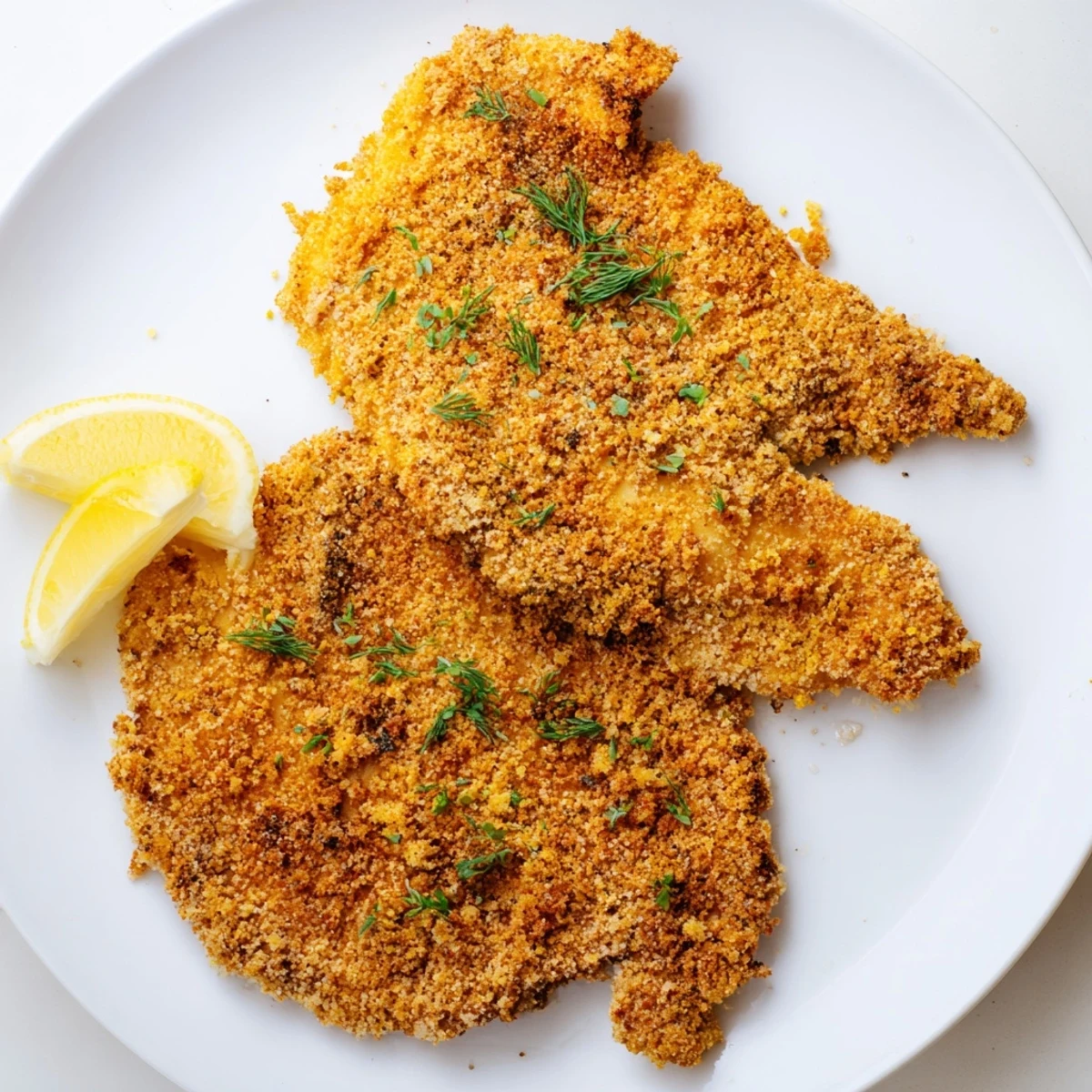 Golden-brown pickle-brined chicken cutlets, crispy breaded, ready to be served with lemon wedges.