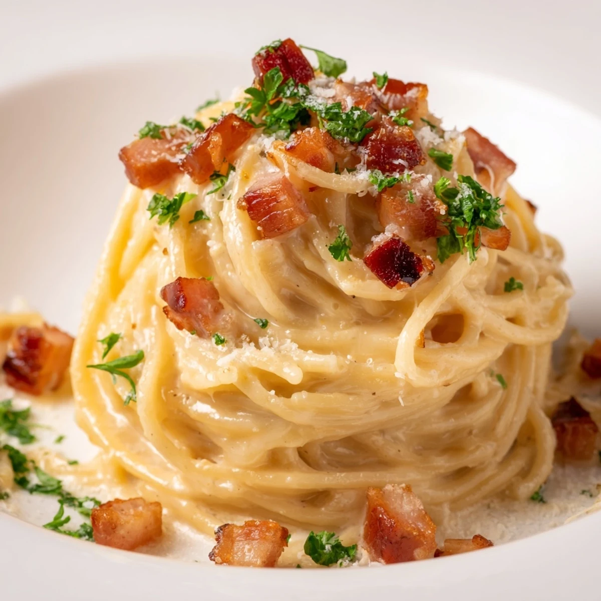 Creamy Carbonara Ramen, featuring perfectly coated noodles with visible parmesan and bacon bits.
