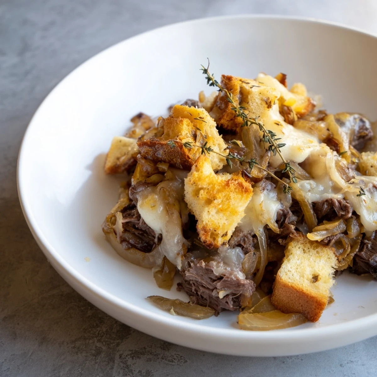 Golden, bubbly French Onion Pot Roast Casserole with melted cheese and crispy bread topping.