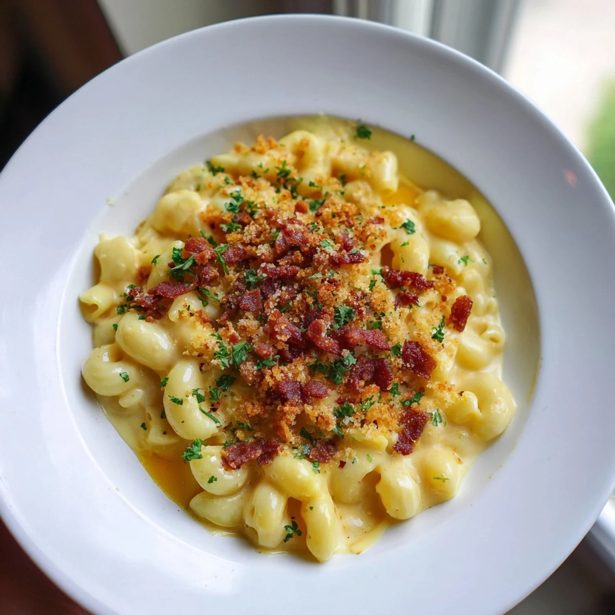 Golden, bubbly sheet pan mac and cheese with crispy bacon crumbles, a comforting American classic.