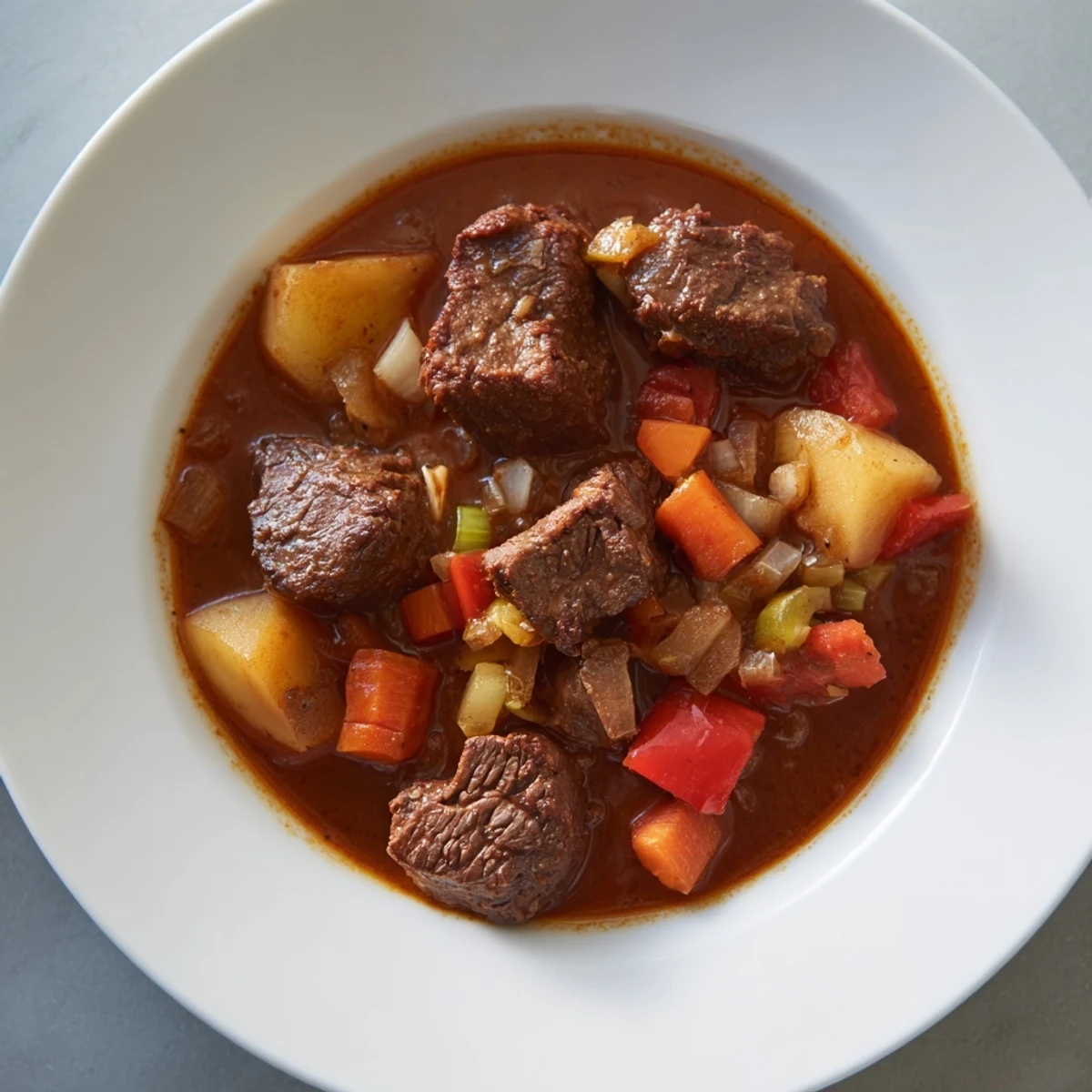 Hearty Smoked Paprika & Garlic Beef Stew with tender beef and vegetables, ideal for a cozy dinner.