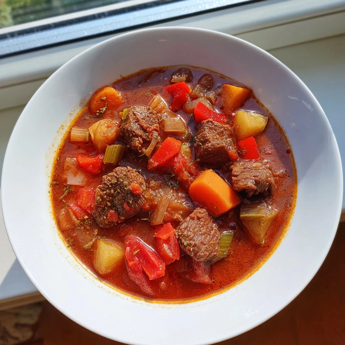 A close-up of a richly flavored Smoked Paprika & Garlic Beef Stew, ready to serve with crusty bread.