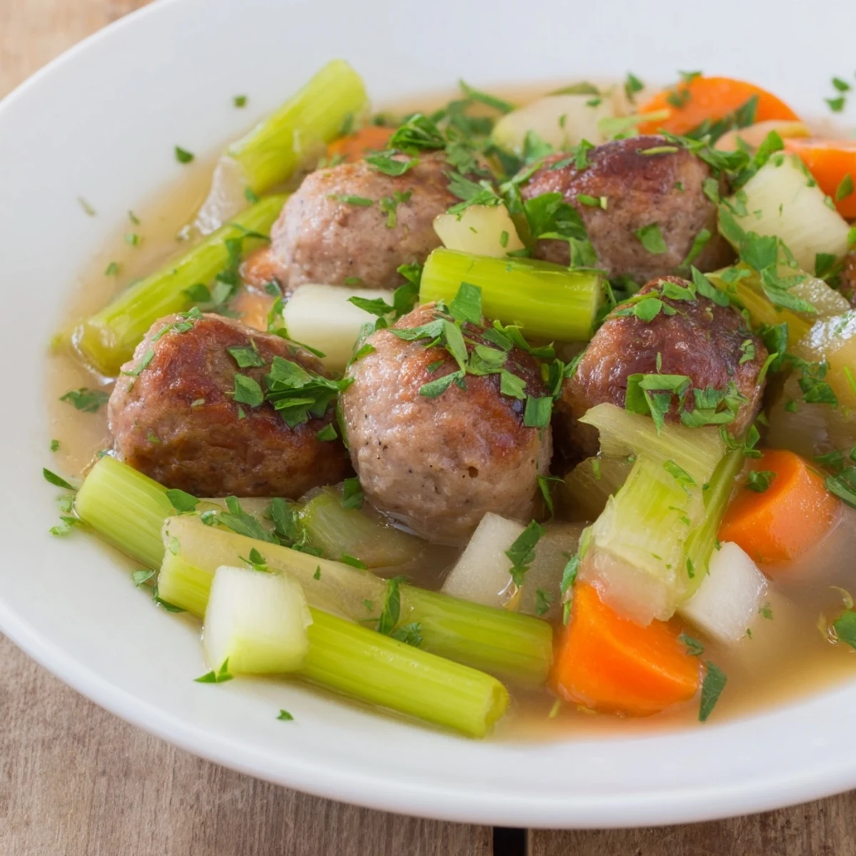 A comforting bowl of the Stovetop Sausage, Celery, and Apple Hotpot, garnished with fresh parsley.