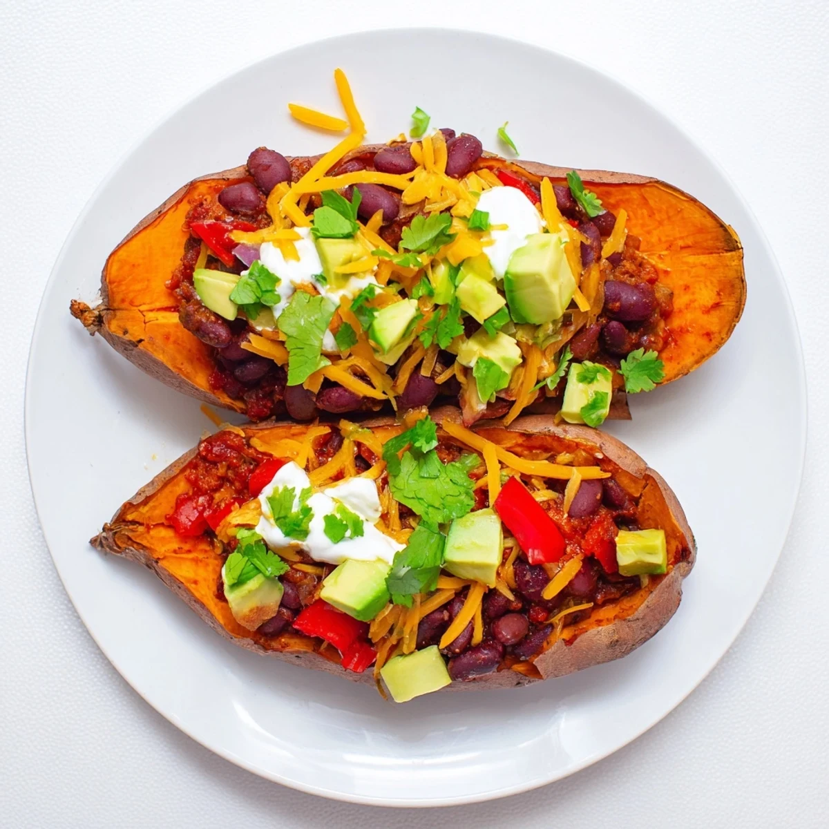 Savory Baked Sweet Potato Chili Boats overflowing with rich chili and cheese, perfect for dinner.