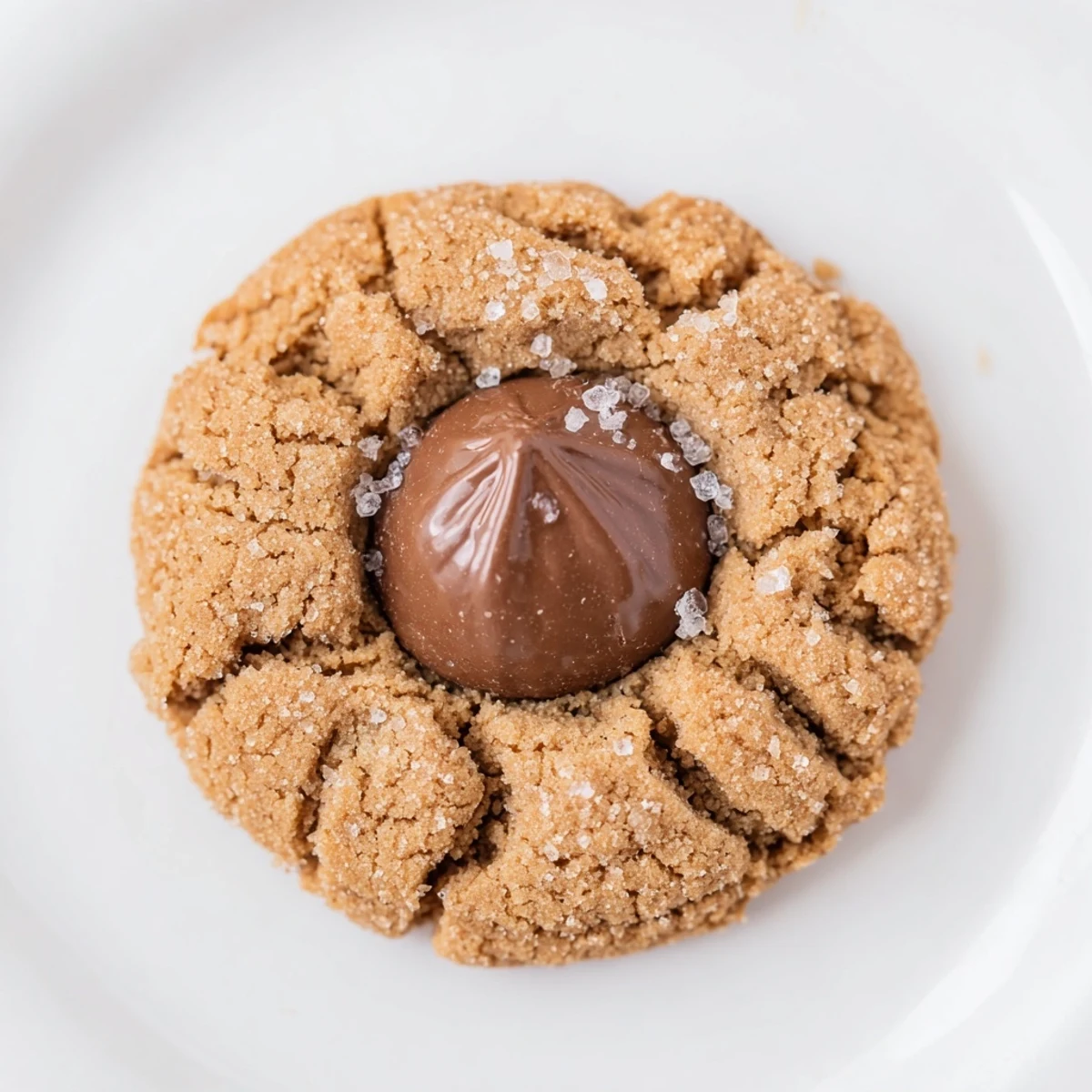 Close-up of golden, crackled 3-Ingredient Peanut Butter Blossoms, with a rich chocolate kiss topping.