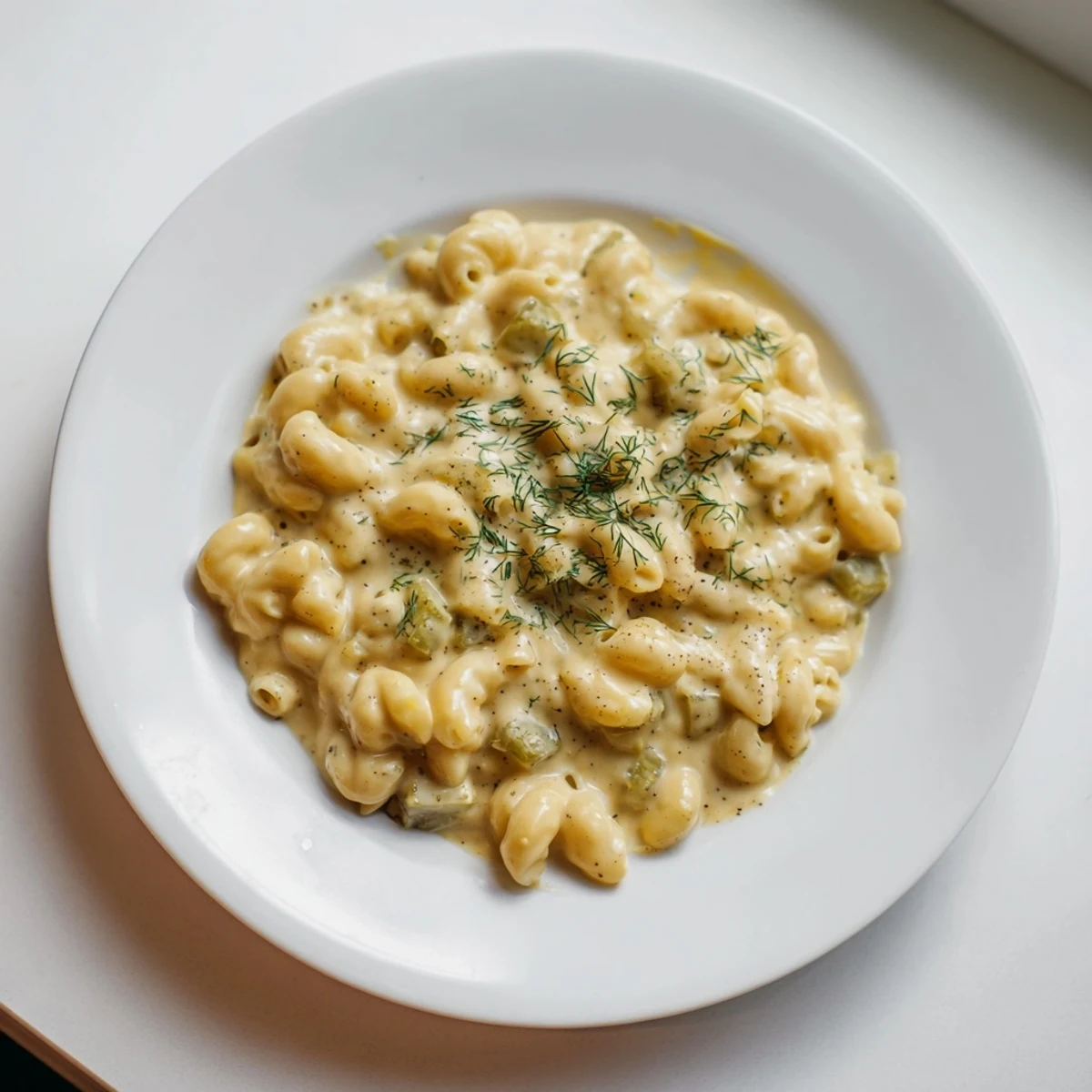 Warm, golden-baked Pickle Mac and Cheese, topped with crispy breadcrumbs, smells delicious and savory.