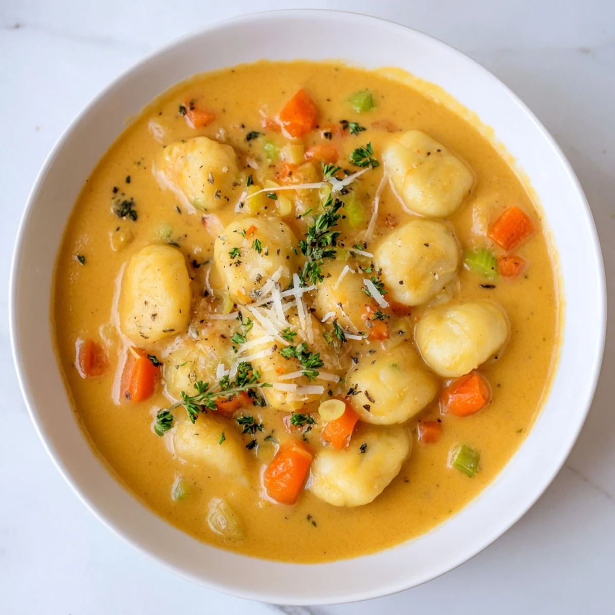 A steaming bowl reveals creamy Savory Butternut Squash Gnocchi Soup with fresh parsley garnish.