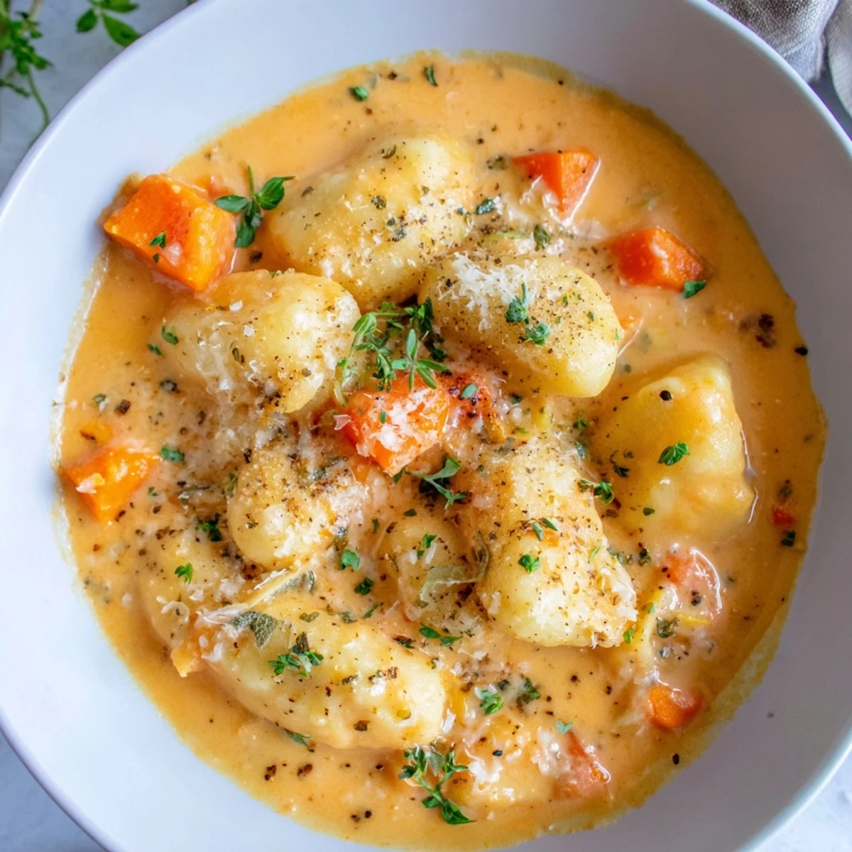 Close-up of golden Savory Butternut Squash Gnocchi Soup; imagine the warmth and inviting aroma.