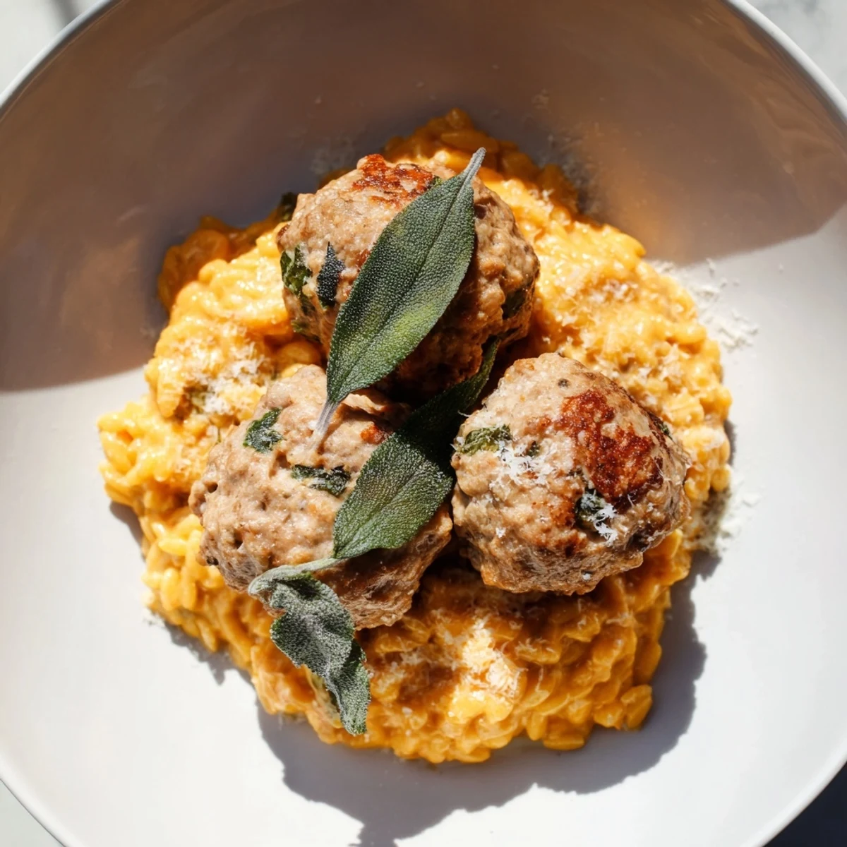 Savory Sage Turkey Meatballs with Pumpkin Orzo, a comforting autumn dish ready to enjoy.
