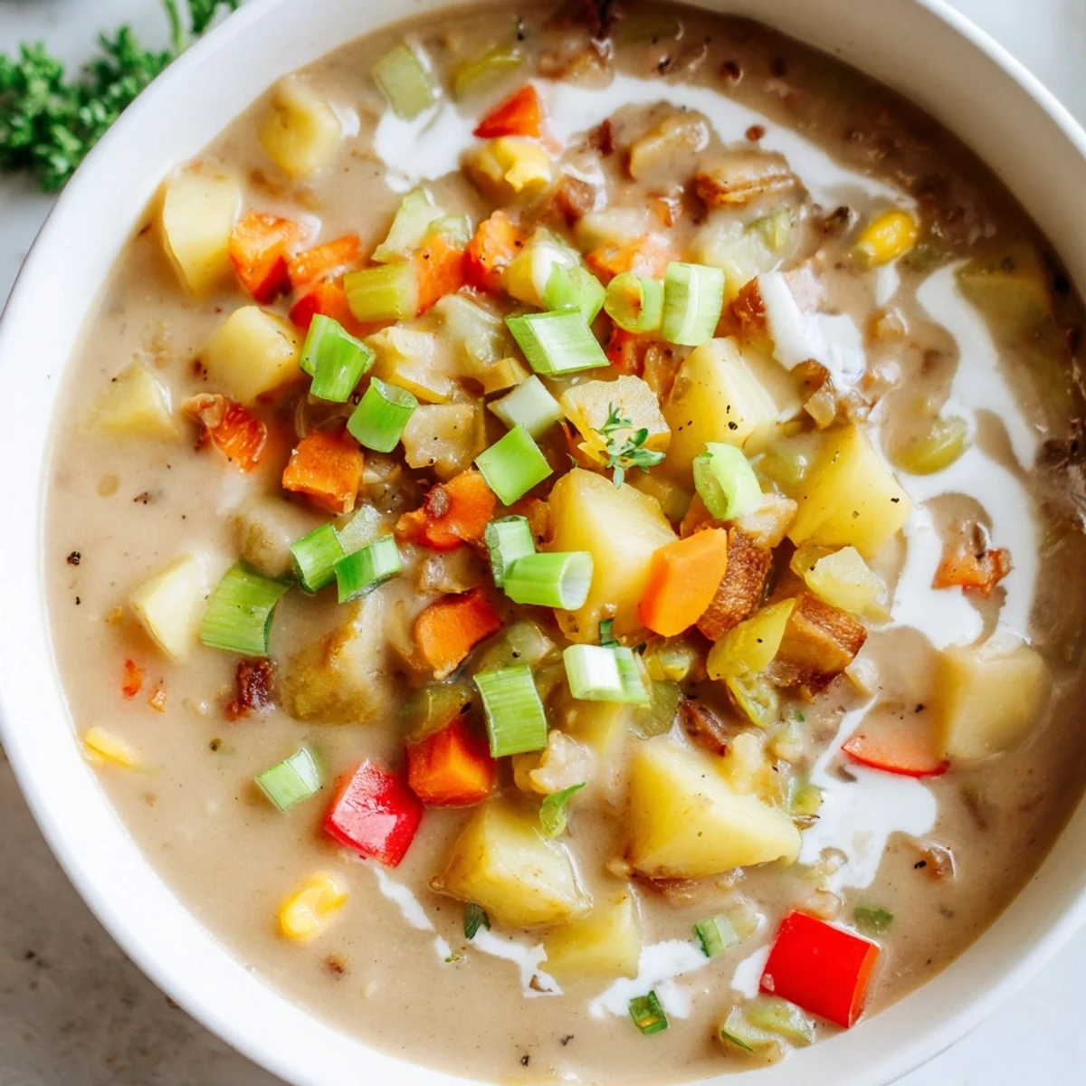 A steaming bowl of Slow Cooker Cajun Potato Soup with a sprinkle of fresh green onions.