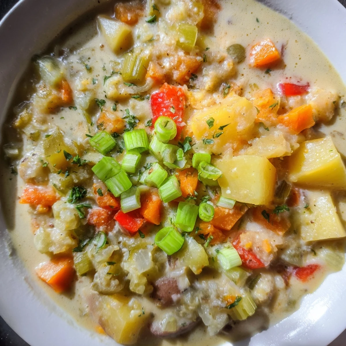 Creamy Slow Cooker Cajun Potato Soup with vibrant vegetables, perfect for a cozy dinner.