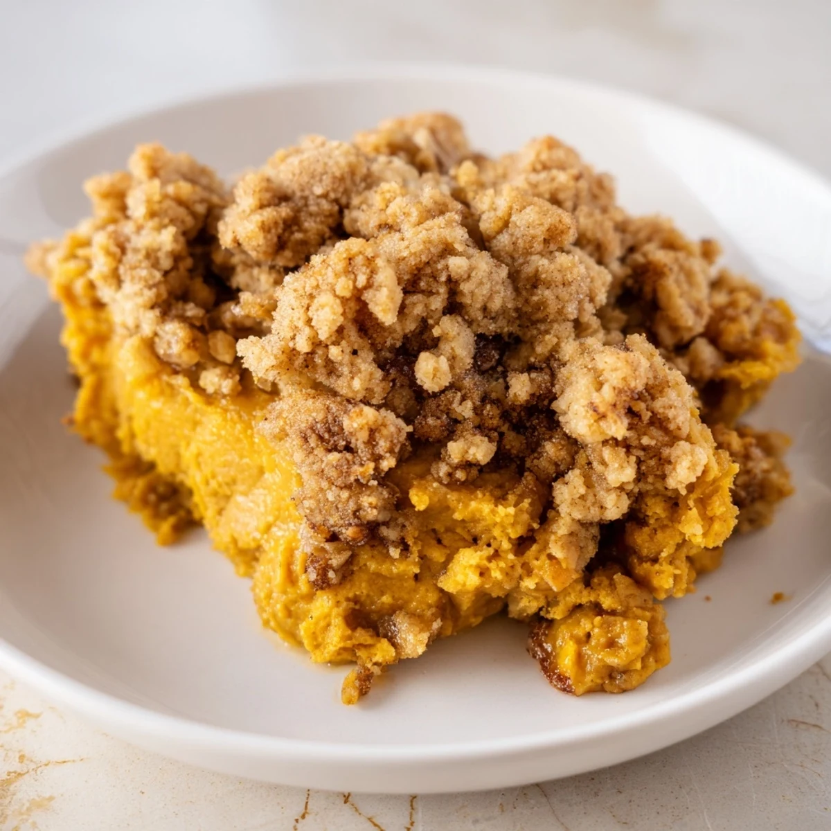 Tender, baked Pumpkin Crisp, ready to serve with a scoop of vanilla ice cream for a fall treat.