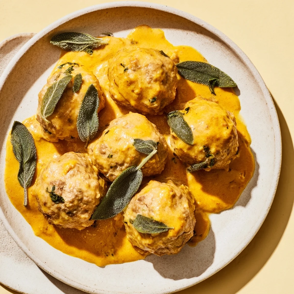 Creamy pumpkin sage sauce coats tender turkey meatballs in this warming fall dinner dish.