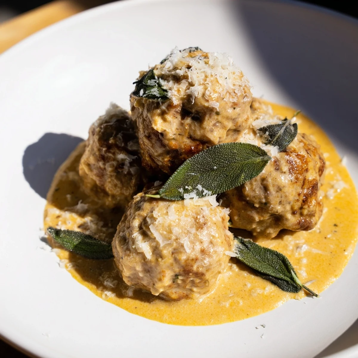 Pasta is piled high with flavorful turkey meatballs and a vibrant pumpkin sage sauce.