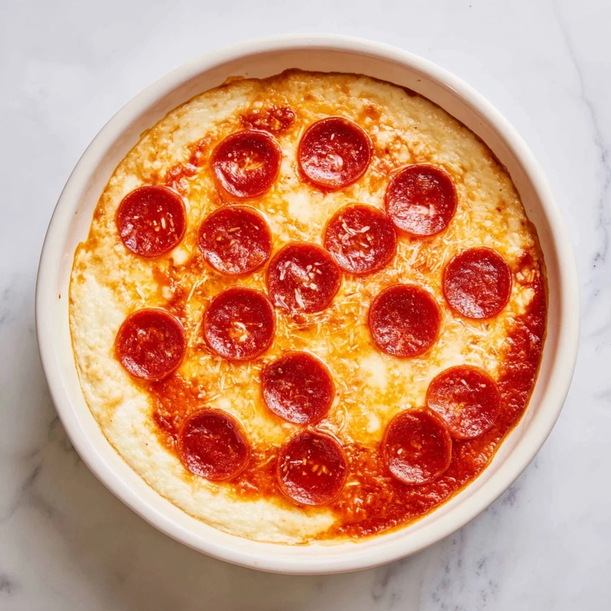 Warm Pizza Dip, a creamy, marinara-layered appetizer topped with melted mozzarella and Parmesan.