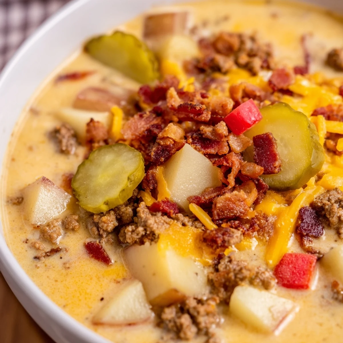 Crockpot Cheeseburger Soup overflowing with melted cheddar and crispy bacon, ready to warm you up.