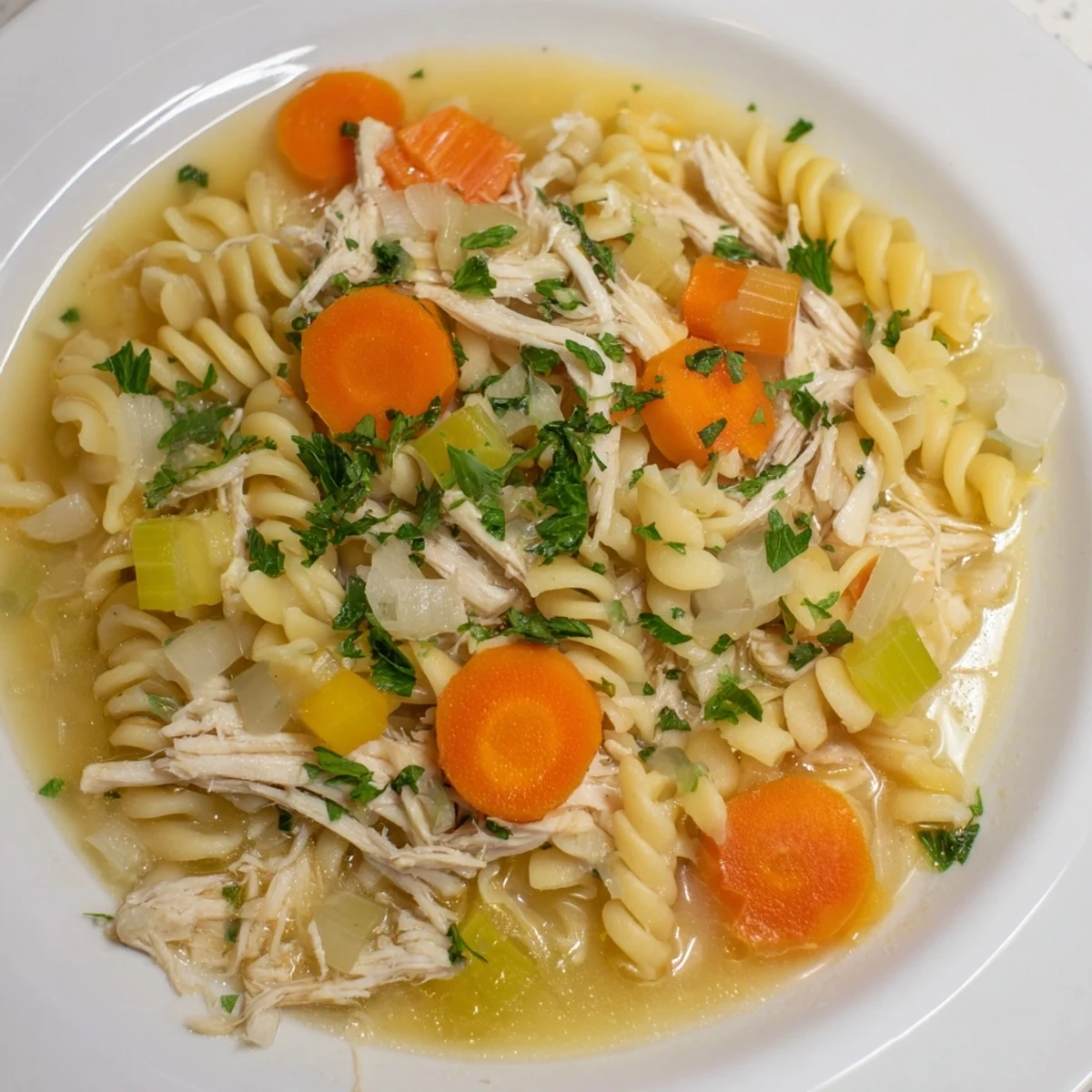Crockpot Chicken Noodle Soup: a steaming bowl featuring tender chicken, vegetables, and swirling pasta.
