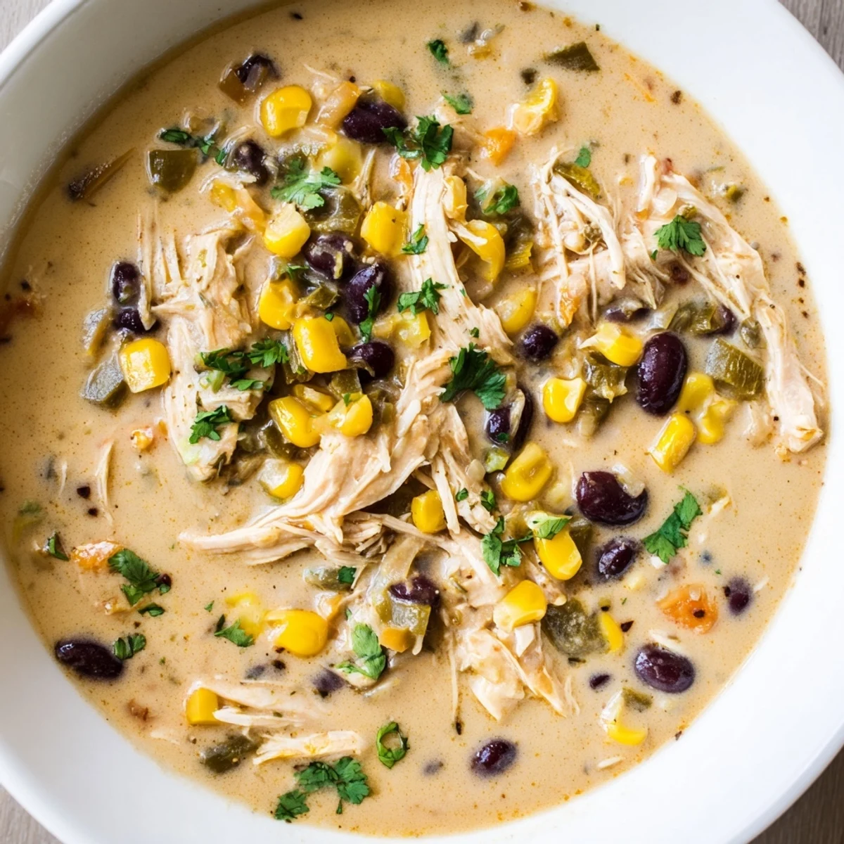 Steaming bowl of Chicken Poblano Soup, rich with creamy broth, shredded chicken, and vibrant cilantro garnish.