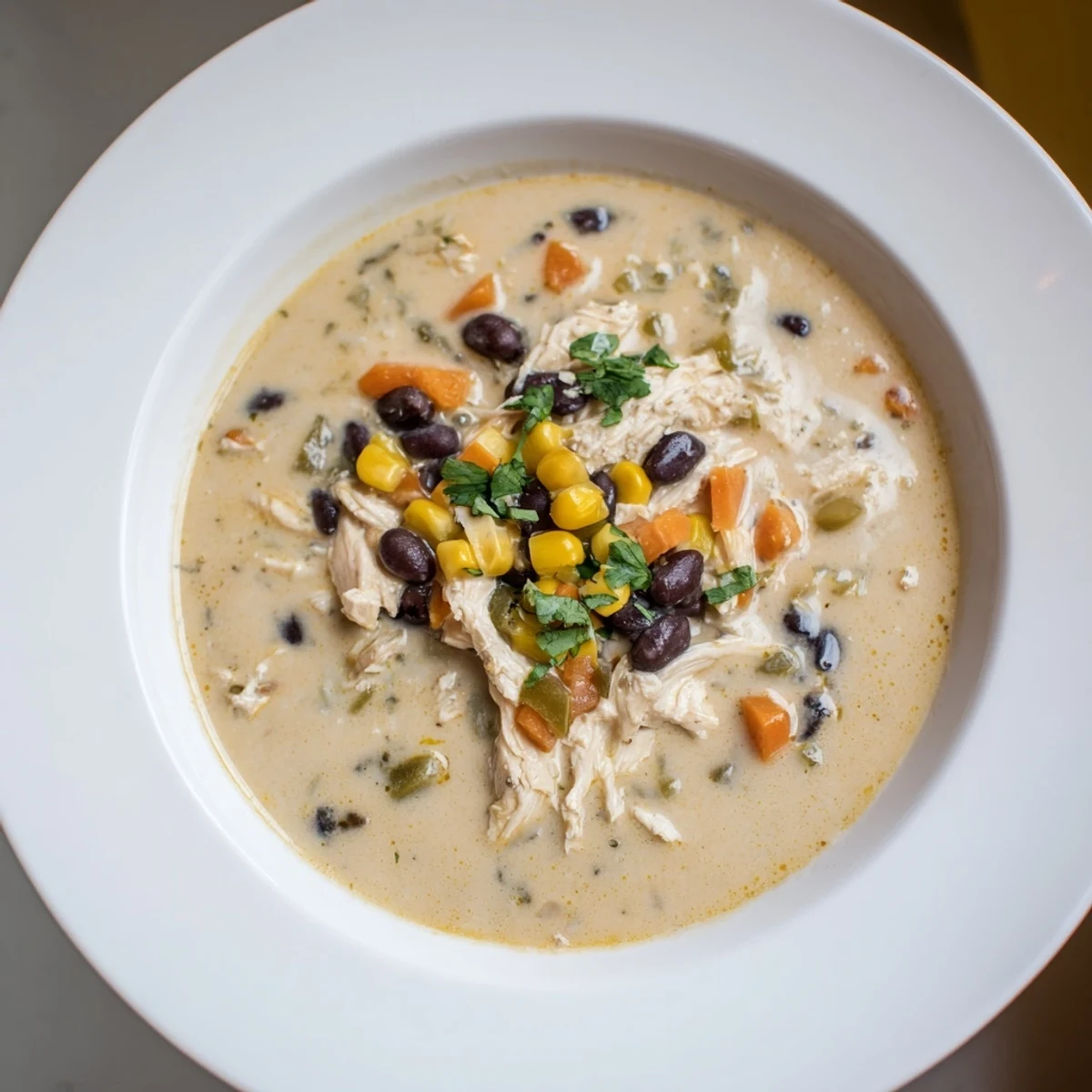 A close-up shot of a hearty Chicken Poblano Soup, showcasing the tender chicken and colorful vegetables.